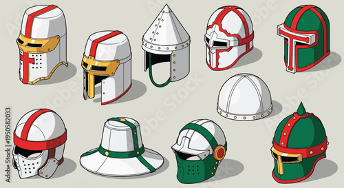 Collection of medieval knight and crusader helmet illustrations