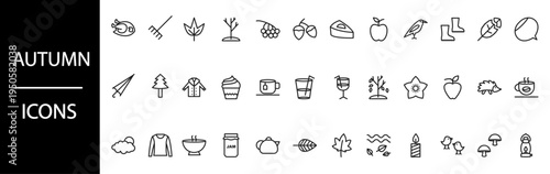 Minimalist black and white autumn season line art icons set