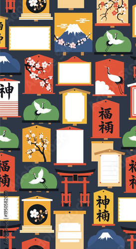 Japanese Cultural Icons: Mount Fuji, Cranes, Cherry Blossoms, Torii Gate, Calligraphy Scrolls