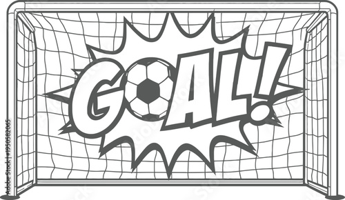 Comic style soccer goal with explosion graphic and bold text goal featuring ball in net fun sports celebration vector illustration
