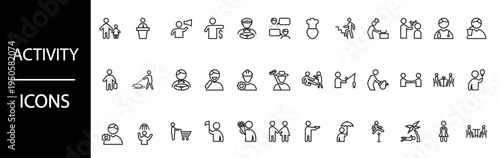 Simple line art icons depict diverse human activities and various occupations clearly.