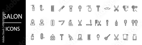 Essential black and white outline icons representing various barber and hair salon tools