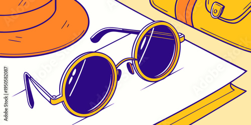 Modern vector illustration of sunglasses resting on a book symbolizing summer lifestyle, travel reading, fashion accessories, relaxation, vacation concept, and trendy eyewear design.