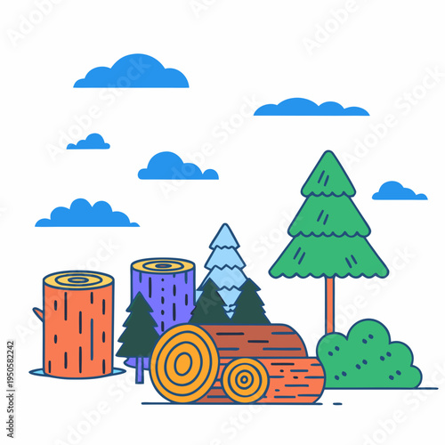 Tree Stumps and Wooden Logs Vector Illustration