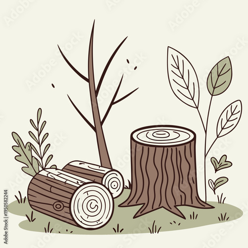 Tree Stumps and Wooden Logs Vector Illustration