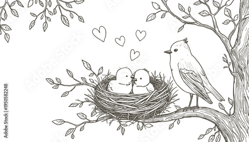 Black and white sketch bird perched on tree branch with nest and baby birds surrounded by hearts symbolizing family love