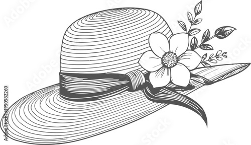   
Elegant wide brim hat with ribbon and floral decoration detailed black and white fashion sketch vintage style illustration