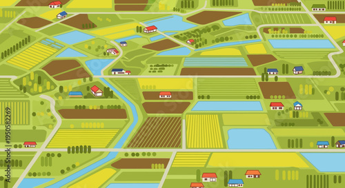 Aerial View of Rural Village with Farmland, Houses, and Waterways