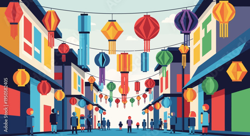Colorful Lantern Festival Street Scene with People