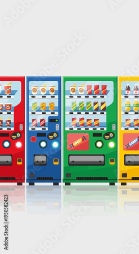 Colorful Vending Machines Row with Snacks and Drinks