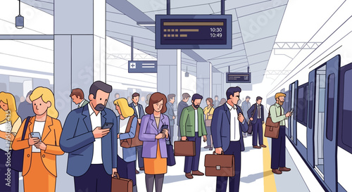 Commuters Waiting for Train at Busy Station Platform with Digital Displays