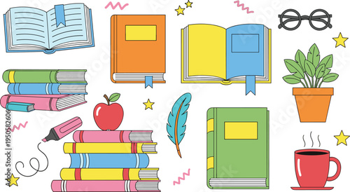 School study element set. Books, glasses, apple, plant, coffee cup and stationery cartoon icons. Education doodle collection for learning, classroom design, back school concept.