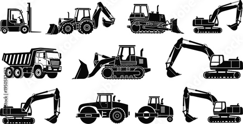 Heavy construction machinery and earthmoving equipment icons set, solid vector illustrations for industrial building projects.