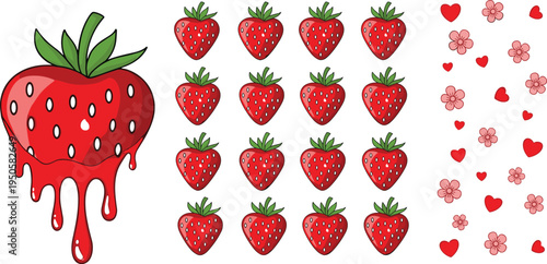 Cute strawberry icon set. Cartoon strawberries with dripping fruit, hearts and flowers. Sweet berry illustration collection for stickers, packaging, dessert design, romantic theme.