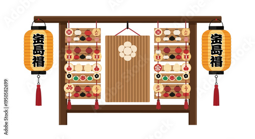 Japanese Shrine Gate with Lanterns and Offerings