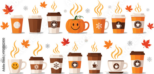 Autumn coffee cup set. Cute fall mugs, takeaway cups, pumpkin mug, leaves and steam. Cozy seasonal cafe drink illustration for fall menu, Thanksgiving design.