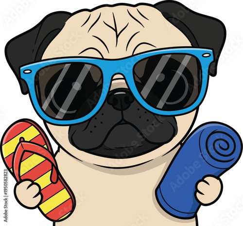 Pug dog wearing blue sunglasses holding flip flop and beach mat