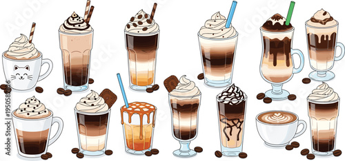 Coffee drinks collection. Latte, cappuccino, mocha, iced coffee and caramel dessert beverages. Cute cafe drink vector set with whipped cream for coffee shop menu design.