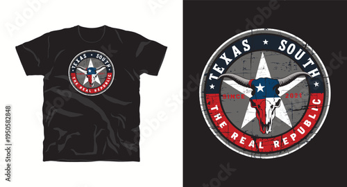 Texas south real republic emblem with longhorn skull and star in patriotic colors