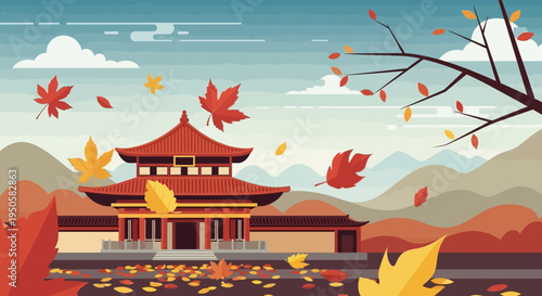 Autumn Japanese Temple with Falling Maple Leaves and Mountains