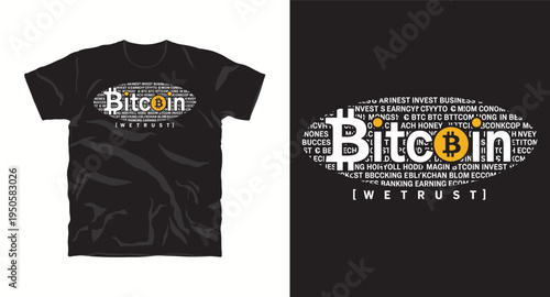 Bitcoin crypto investment concept t-shirt design with oval text cloud and blockchain technology theme
