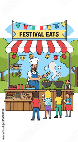 Festival food stall with chef serving customers at outdoor event