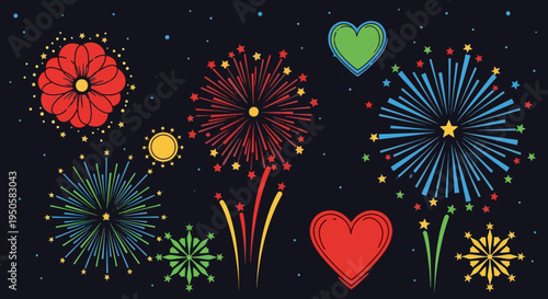 Festive Fireworks and Hearts on Dark Background