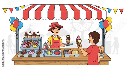 Ice cream vendor serving customer at a colorful fairground stall with Ferris wheel background