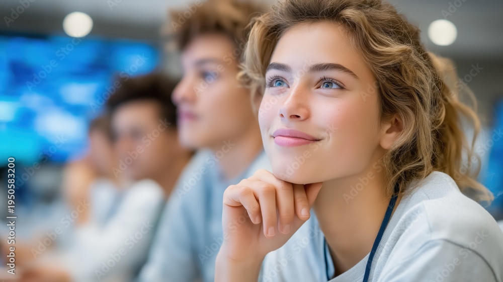 Obraz premium Thoughtful young caucasian woman in classroom setting with blurred background
