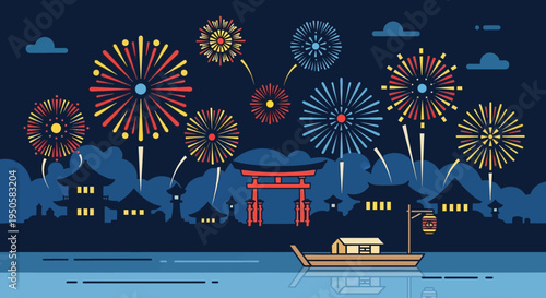 Japanese Summer Festival: Fireworks Over Traditional Village and Torii Gate