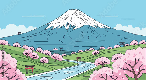 Mount Fuji Cherry Blossoms River Torii Gates Landscape Illustration