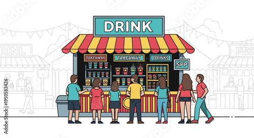People Queueing at a Lively Outdoor Drink Stall at a Festival or Fair