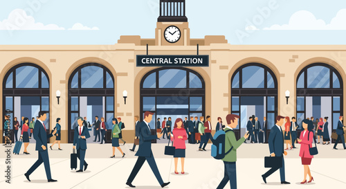 Busy Central Station with Commuters Walking and Traveling