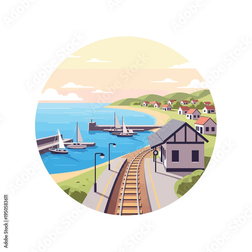 Illustration of Coastal Scene with Railway Station.