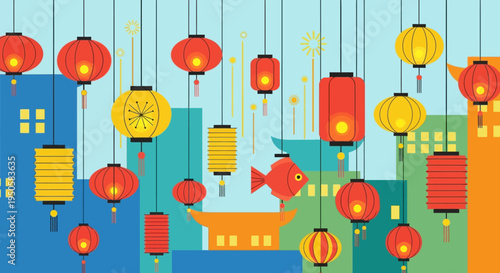 Colorful Chinese Lanterns Festival Celebration Background with Cityscape