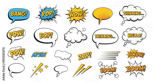 Comic Book Speech Bubbles with Sound Effects and Thoughts