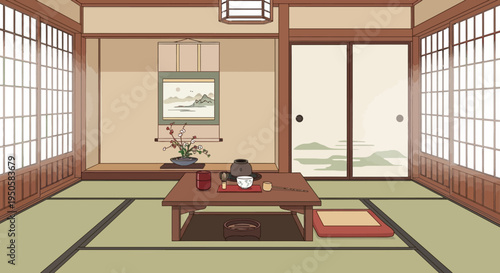 Cozy Japanese Tea Room Interior with Tatami Mats and Low Table