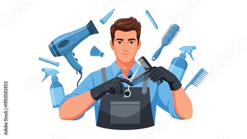 The Art of Hair Design: A skilled stylist, surrounded by the tools of their trade, embodies precision and expertise. A dynamic scene of artistry, perfect for projects in the beauty.