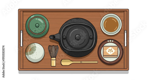 Japanese Tea Ceremony Set on Wooden Tray: Matcha Bowl, Whisk, Scoop, Teapot, Cup