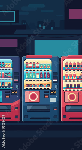 Retro Vending Machines Row, Pixel Art Style, Refreshments, City Night