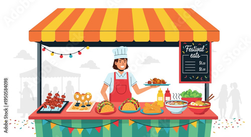 Street Food Vendor Serving Tacos and Skewers at a Festive Outdoor Market