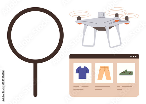 Online shopping, delivery innovations, product search, e-commerce technology, quadcopter logistics, retail solutions. A magnifying glass, a Quadcopter and an e-commerce webpage. E-commerce