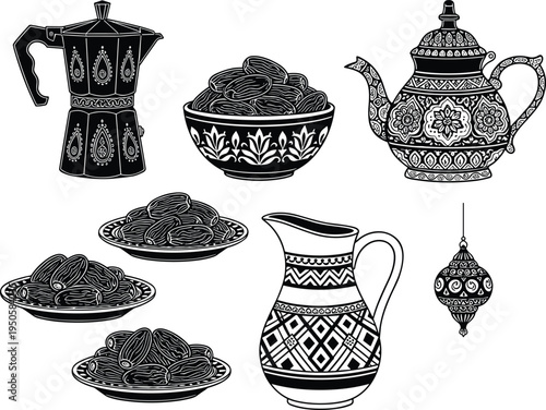 Middle Eastern Ramadan set with dates, coffee pot, ornate teapot, and lantern in black and white vector illustration.