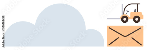 Cloud computing, data storage, logistics services, digital communication, delivery concepts, business operations. Forklift lifting an envelope near a cloud shape. Cloud computing and data storage