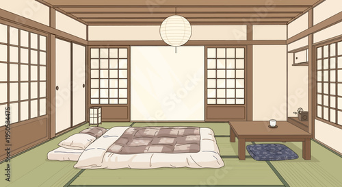 Cozy Japanese Room with Tatami Mats, Futon, and Low Table