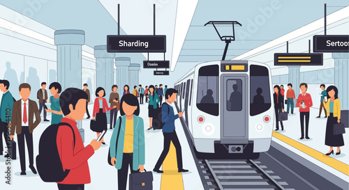 Crowded Subway Station with Commuters Boarding a Modern Train