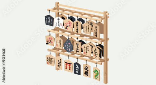 Japanese Ema Prayer Tablets Displayed on Wooden Rack at Shrine