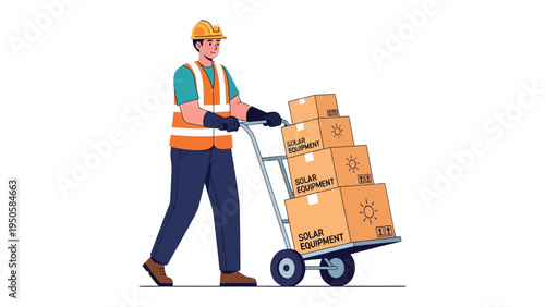 Solar Equipment Delivery: A diligent worker in safety gear navigates a hand truck laden with boxes of solar equipment, embodying reliability and the promise of a sustainable energy future.