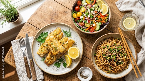 Freshly prepared healthy meal with fish, salad, and noodles on a rustic wooden table