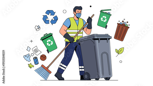 The Cleaner's Duty: An illustrated cleaner with mask meticulously tidies the surroundings, embodying eco-conscious practices, recycling awareness, and dedication to environmental preservation.